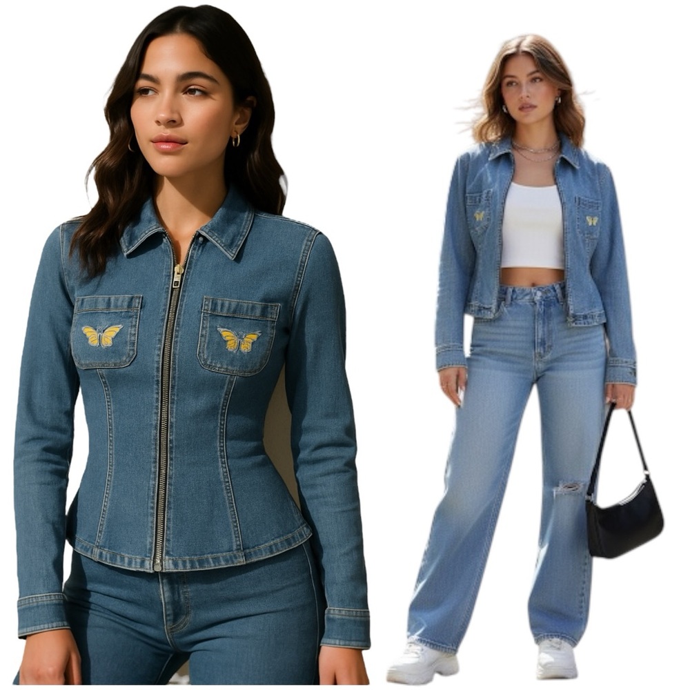 VTG Y2K Guess Collection Denim Zip Up Jacket Coquette 90s‎ Butterfly Patch Sz XS